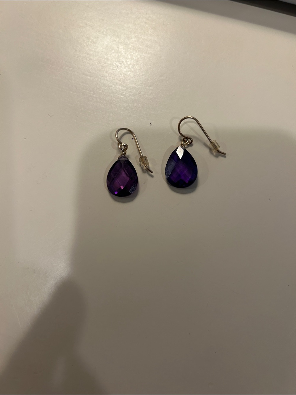 Purple faceted Teardrop Crystal Dangle Earrings w gold hardware